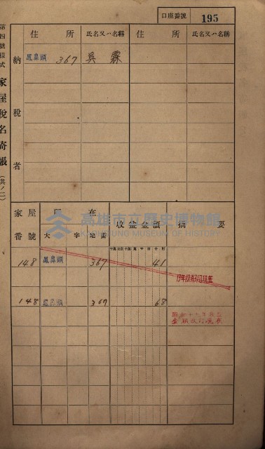 高雄州鳳山郡小港庄鳳鼻頭家屋稅名寄帳
（一冊之內第一號）藏品圖，第207張