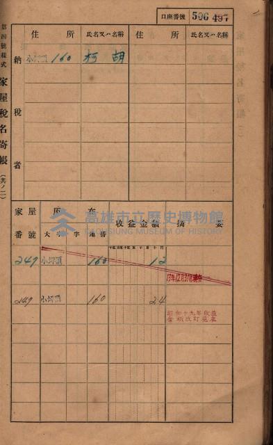 高雄州鳳山郡大樹庄小坪頂家屋稅名寄帳
（三冊之內第三號）藏品圖，第107張
