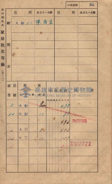 高雄州鳳山郡大樹庄大樹家屋稅名寄帳
（一冊之內第一號）藏品圖，第107張