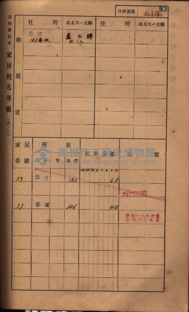 高雄州鳳山郡鳥松庄夢裡、崎子脚、十九灣家屋稅名寄帳
（一冊之內第一號）藏品圖，第107張