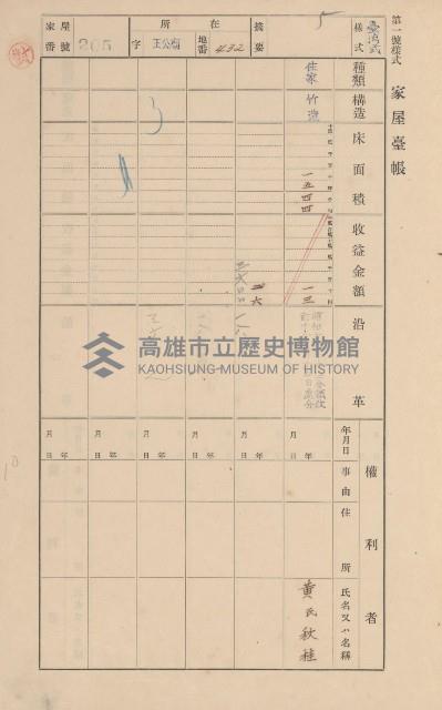 鳳山郡林園庄王公廟家屋臺帳（三冊之內第一號）藏品圖，第217張
