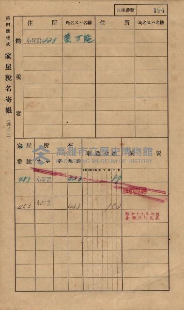高雄州鳳山郡大樹庄小坪頂家屋稅名寄帳
（三冊之內第一號）藏品圖，第217張