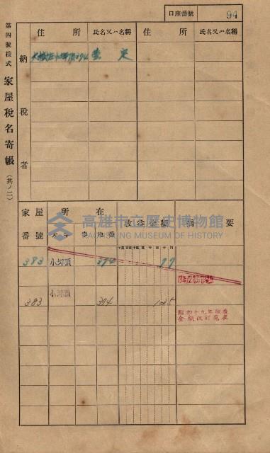 高雄州鳳山郡大樹庄小坪頂家屋稅名寄帳
（三冊之內第一號）藏品圖，第117張