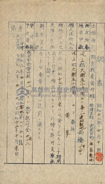 國有財產貸付許可綴（高雄州鳳山郡）藏品圖，第117張