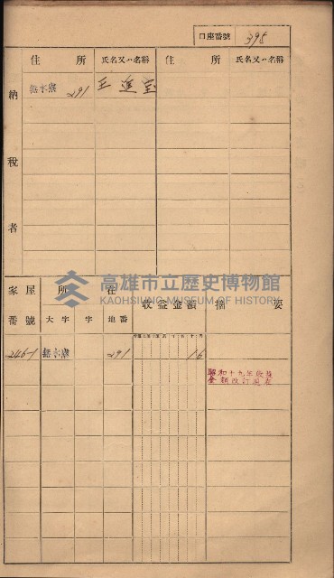 高雄州鳳山郡大樹庄無水寮家屋稅名寄帳
（二冊之內第二號）藏品圖，第197張
