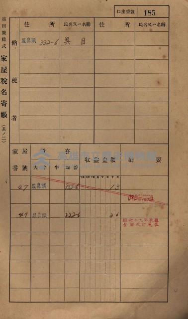 高雄州鳳山郡小港庄鳳鼻頭家屋稅名寄帳
（一冊之內第一號）藏品圖，第197張