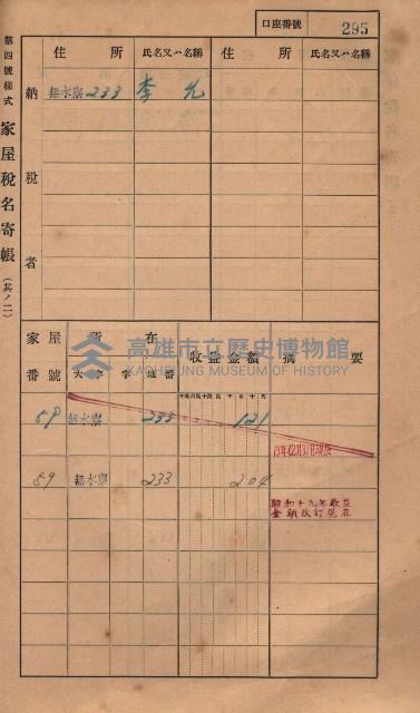 高雄州鳳山郡大樹庄無水寮家屋稅名寄帳
（二冊之內第二號）藏品圖，第97張