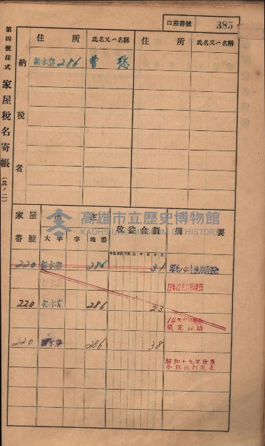 高雄州鳳山郡大樹庄無水寮家屋稅名寄帳
（二冊之內第二號）藏品圖，第187張