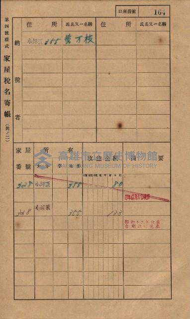 高雄州鳳山郡大樹庄小坪頂家屋稅名寄帳
（三冊之內第一號）藏品圖，第187張