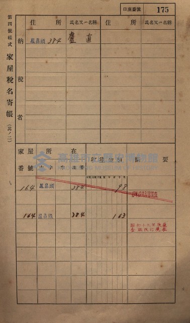 高雄州鳳山郡小港庄鳳鼻頭家屋稅名寄帳
（一冊之內第一號）藏品圖，第187張