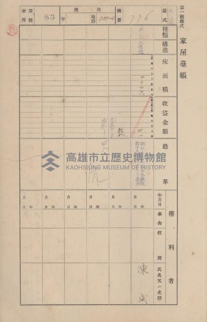 鳳山郡仁武庄三奶壇家屋臺帳
（四冊之內第三號）藏品圖，第87張