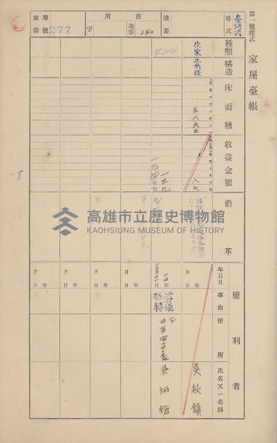 鳳山郡鳥松庄田草埔家屋臺帳
（二冊之內第二號）藏品圖，第87張