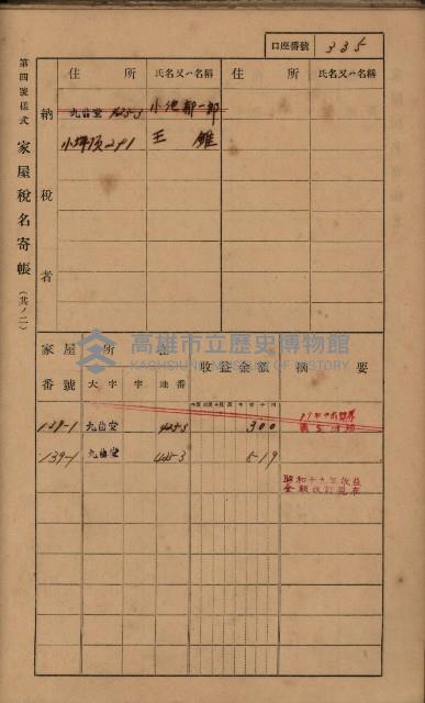 高雄州鳳山郡大樹庄九曲堂家屋稅名寄帳
（二冊之內第二號）藏品圖，第137張