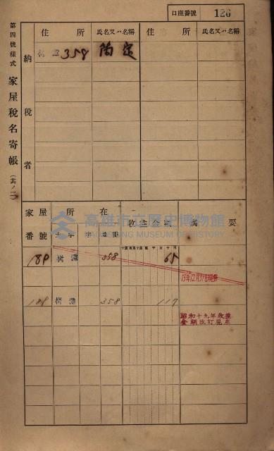 高雄州鳳山郡大寮庄拷潭家屋稅名寄帳
（二冊之內第一號）藏品圖，第137張