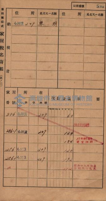 高雄州鳳山郡大樹庄小坪頂家屋稅名寄帳
（三冊之內第三號）藏品圖，第137張