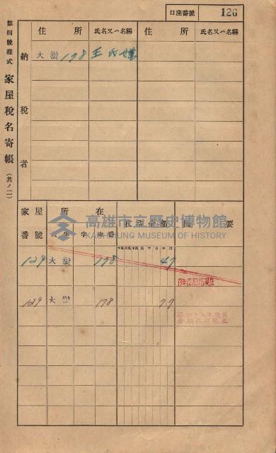 高雄州鳳山郡大樹庄大樹家屋稅名寄帳
（一冊之內第一號）藏品圖，第137張