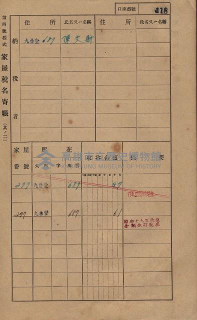 高雄州鳳山郡大樹庄九曲堂家屋稅名寄帳
（二冊之內第一號）藏品圖，第137張