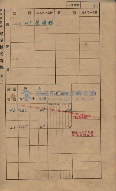 高雄州鳳山郡大樹庄九曲堂家屋稅名寄帳
（二冊之內第一號）藏品圖，第37張