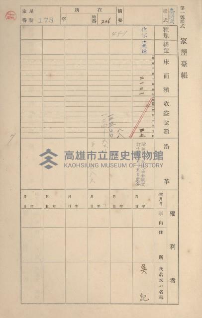 鳳山郡鳥松庄田草埔家屋臺帳
（二冊之內第一號）藏品圖，第177張