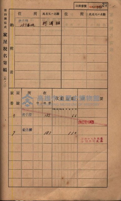 高雄州鳳山郡鳥松庄夢裡、崎子脚、十九灣家屋稅名寄帳
（一冊之內第一號）藏品圖，第177張