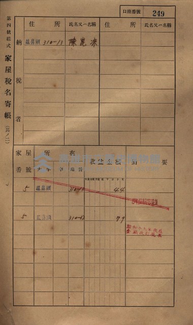 高雄州鳳山郡小港庄鳳鼻頭家屋稅名寄帳
（一冊之內第一號）藏品圖，第261張