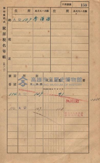 高雄州鳳山郡大樹庄大樹家屋稅名寄帳
（一冊之內第一號）藏品圖，第161張