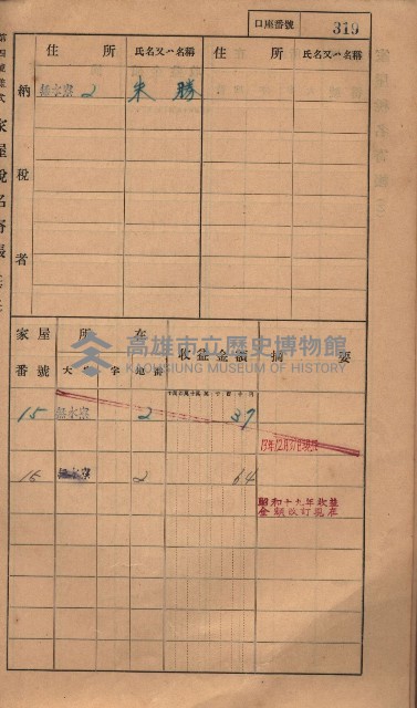 高雄州鳳山郡大樹庄無水寮家屋稅名寄帳
（二冊之內第二號）藏品圖，第121張