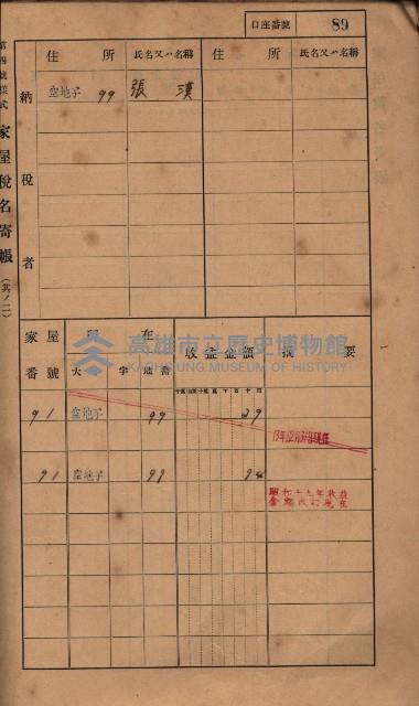 高雄州鳳山郡小港庄塩水港、中大厝、空地子
家屋稅名寄帳（一冊之內第一號）藏品圖，第121張