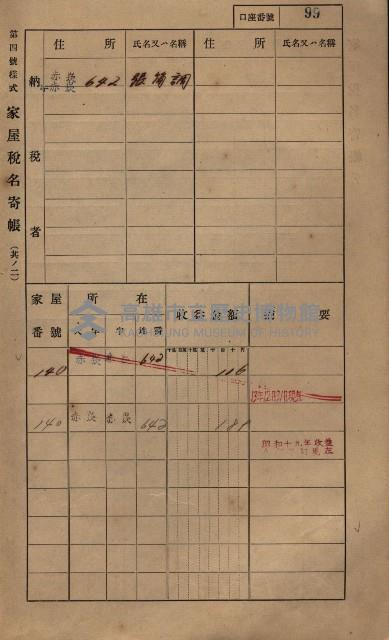 高雄州鳳山郡大寮庄赤崁家屋稅名寄帳
（三冊之內第一號）藏品圖，第121張