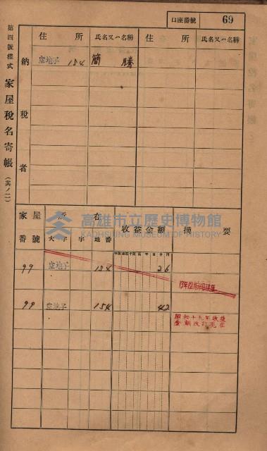 高雄州鳳山郡小港庄塩水港、中大厝、空地子
家屋稅名寄帳（一冊之內第一號）藏品圖，第101張
