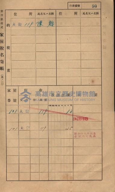 高雄州鳳山郡大樹庄大樹家屋稅名寄帳
（一冊之內第一號）藏品圖，第101張