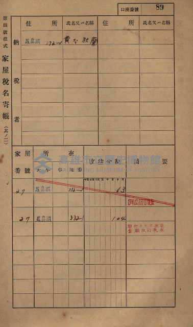 高雄州鳳山郡小港庄鳳鼻頭家屋稅名寄帳
（一冊之內第一號）藏品圖，第101張