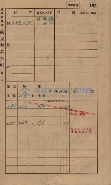 高雄州鳳山郡大樹庄九曲堂家屋稅名寄帳
（二冊之內第一號）藏品圖，第211張
