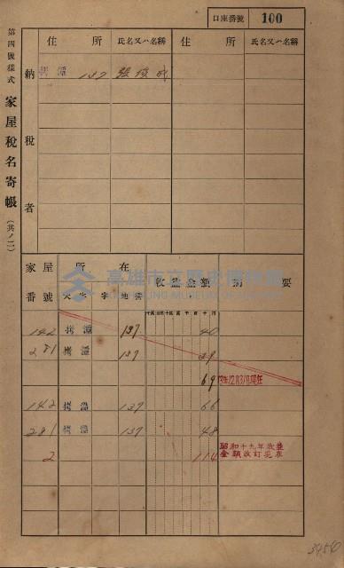 高雄州鳳山郡大寮庄拷潭家屋稅名寄帳
（二冊之內第一號）藏品圖，第111張