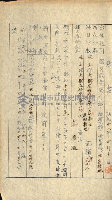 國有財產貸付許可綴（高雄州鳳山郡）藏品圖，第11張