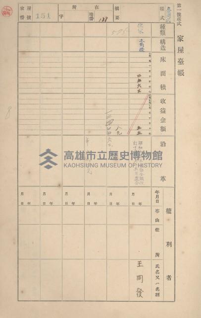 鳳山郡鳥松庄田草埔家屋臺帳
（二冊之內第一號）藏品圖，第151張