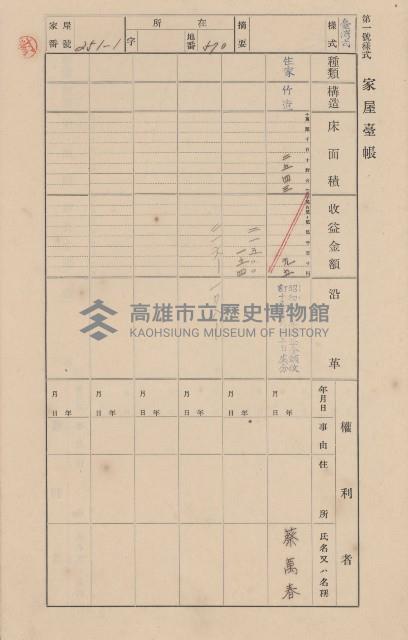 鳳山郡大寮庄翁公園家屋臺帳（三冊之內第二號）藏品圖，第51張