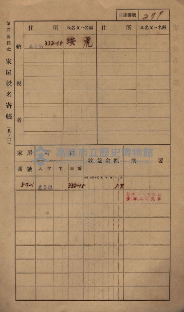 高雄州鳳山郡小港庄鳳鼻頭家屋稅名寄帳
（一冊之內第一號）藏品圖，第291張