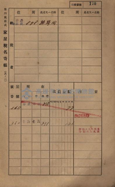高雄州鳳山郡大寮庄赤崁家屋稅名寄帳
（三冊之內第一號）藏品圖，第191張