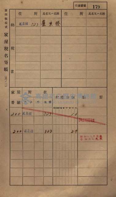 高雄州鳳山郡小港庄鳳鼻頭家屋稅名寄帳
（一冊之內第一號）藏品圖，第191張