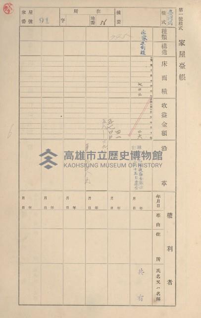 鳳山郡鳥松庄田草埔家屋臺帳
（二冊之內第一號）藏品圖，第91張