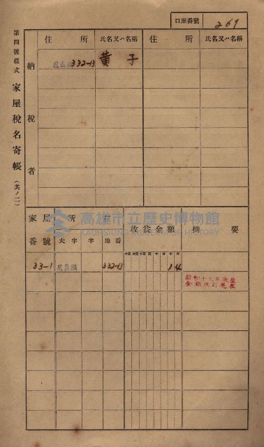 高雄州鳳山郡小港庄鳳鼻頭家屋稅名寄帳
（一冊之內第一號）藏品圖，第281張