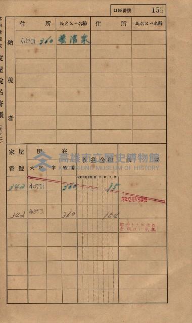 高雄州鳳山郡大樹庄小坪頂家屋稅名寄帳
（三冊之內第一號）藏品圖，第181張