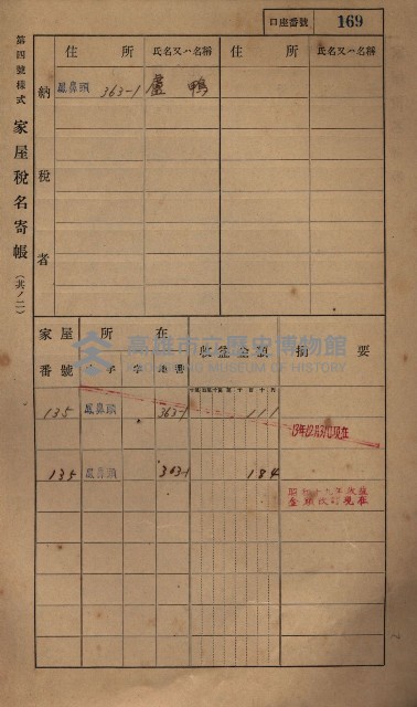 高雄州鳳山郡小港庄鳳鼻頭家屋稅名寄帳
（一冊之內第一號）藏品圖，第181張