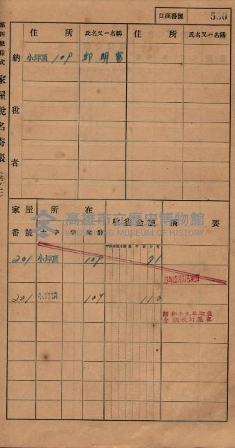 高雄州鳳山郡大樹庄小坪頂家屋稅名寄帳
（三冊之內第三號）藏品圖，第131張