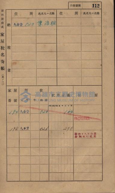 高雄州鳳山郡大樹庄九曲堂家屋稅名寄帳
（二冊之內第一號）藏品圖，第131張