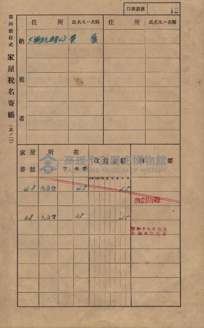 高雄州鳳山郡大樹庄九曲堂家屋稅名寄帳
（二冊之內第一號）藏品圖，第31張