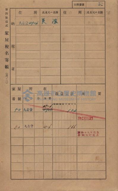 高雄州鳳山郡大樹庄九曲堂家屋稅名寄帳
（二冊之內第一號）藏品圖，第71張