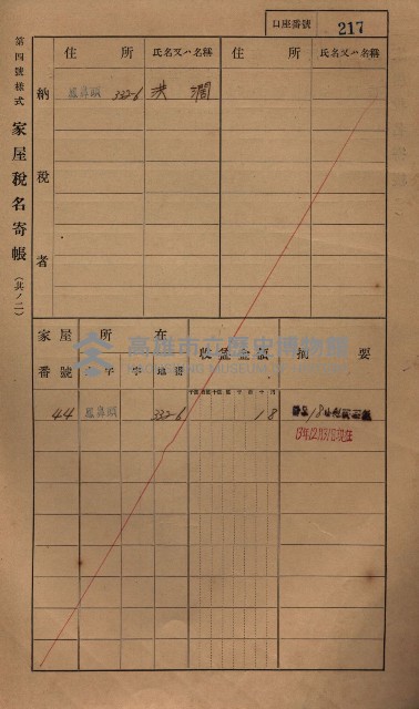 高雄州鳳山郡小港庄鳳鼻頭家屋稅名寄帳
（一冊之內第一號）藏品圖，第229張
