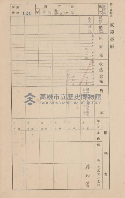 鳳山郡大寮庄赤崁家屋臺帳（四冊之內第一號）藏品圖，第129張